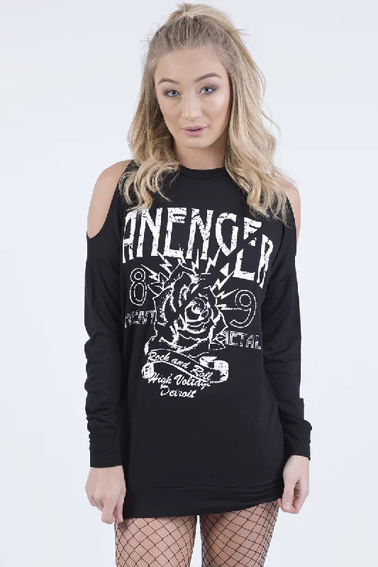 Flash Sale comfy crewneck sweatshirtBlack Heavy Metal Cold Shoulder Jumper - Neve