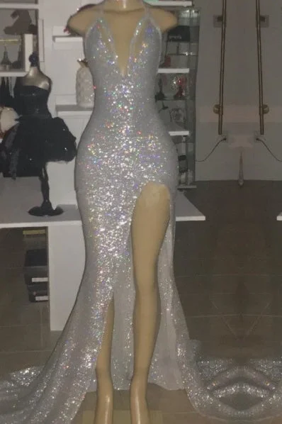 Daily Specials V-neck Sequins Mermaid Front Slit Floor Length Prom Dresses