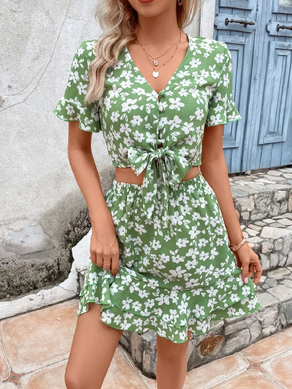 structured dressTied Printed V-Neck Flounce Sleeve Mini Dress