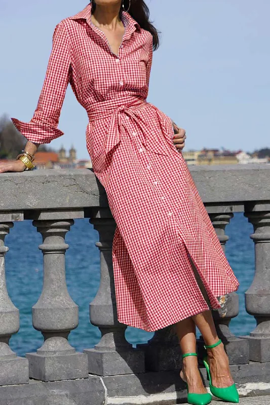 Online Only minimalistic dressPlaid Tie-waist Shirt Dress