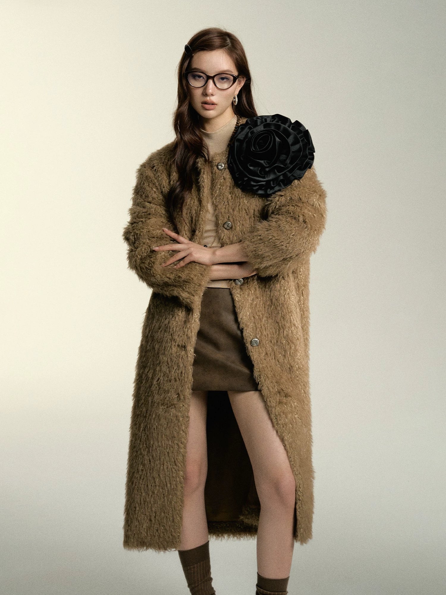 Friends and Family Sale warm trench coatKhaki & Milk White Long Suede Fur Coat