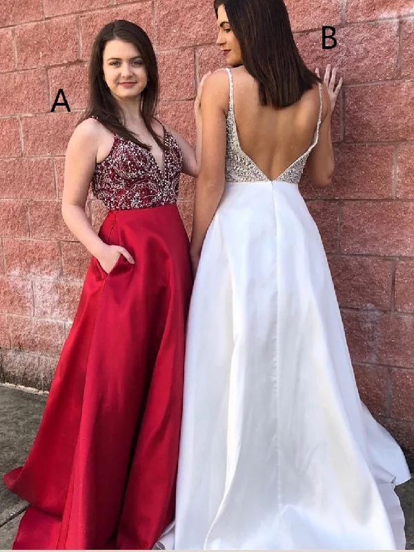 Weekend Deal Sparkly Backless Prom Dresses Spaghetti Straps V-neck Long Rhinestone Prom Dress JKL1056