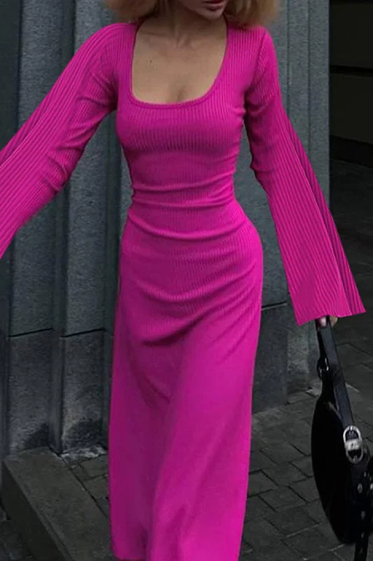 Limited Stock A-line dressRibbed Flares Sleeve Tie-back Dress