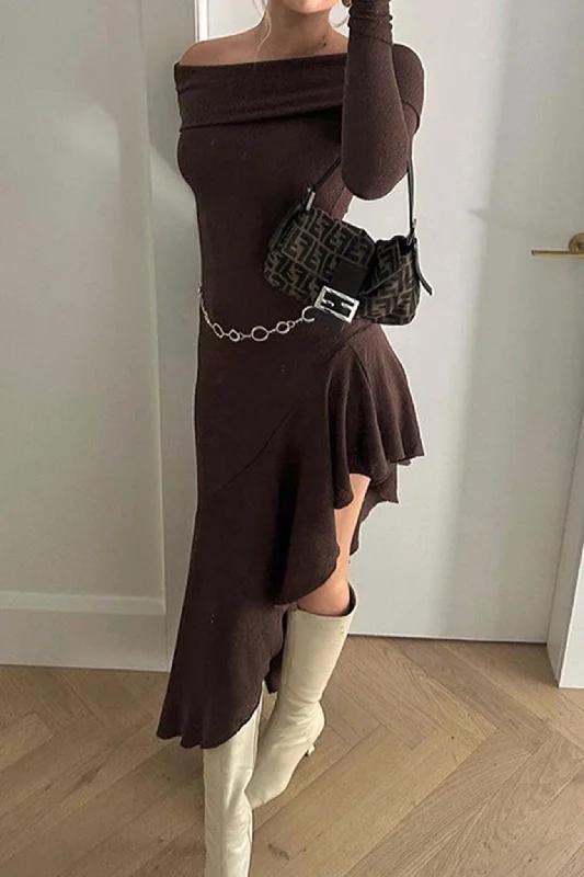Big Savings evening dressOff Shoulder Irregular Ruffle Hem Knit Dress
