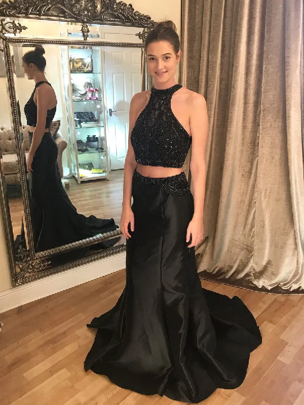 Stock Clearance Two Piece Prom Dresses Beading Long Sparkly Sexy Black Mermaid Prom Dress JKL1082