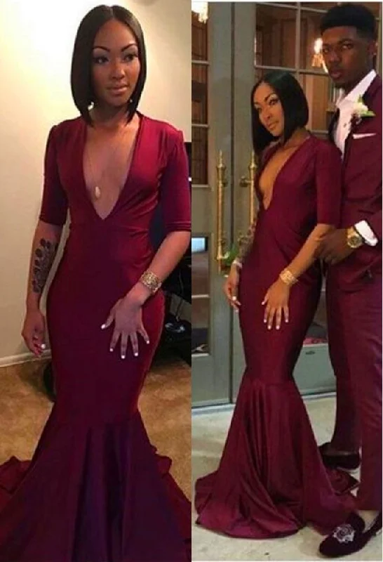 Fantastic Deals Chic V-neck Burgundy Long Mermaid Prom Dresses with Sleeves