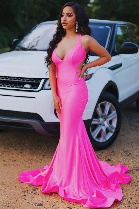 Flash Deals Sleeveless Hot pink Criss-cross back Mermaid Long Train Prom Dresses