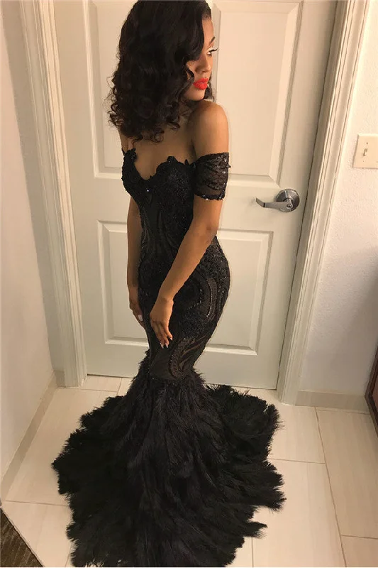 Steals and Deals Beads Unique Lace Appliques Feather Prom Dresses Off-The-Shoulder Fit and Flare Evening Gowns