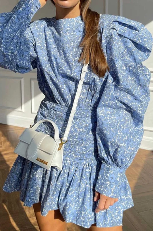 Fantastic Deals casual day dressBlue Puff Sleeve Gathered Ruffle Floral Dress