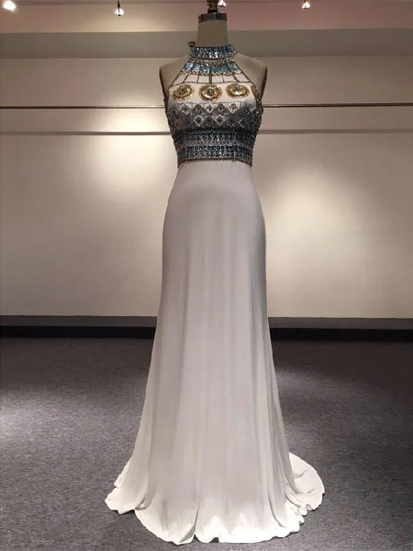 Final Sale Sparkly Prom Dresses Sheath Rhinestone High Neck Prom Dress Sexy Evening Dress JKL1076